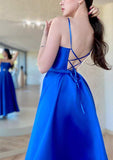 Ankle-Length Satin Prom Dress with A-line Square Neckline and Spaghetti Straps Waistband-27dress