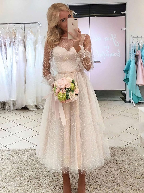 Ankle-length Wedding Dresses with Sashes / Ribbons - Ball Gown Illusion Tulle