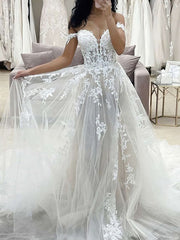 Applique Lace Ball Gown Off-the-shoulder Wedding Dresses with Tulle Sweep Train