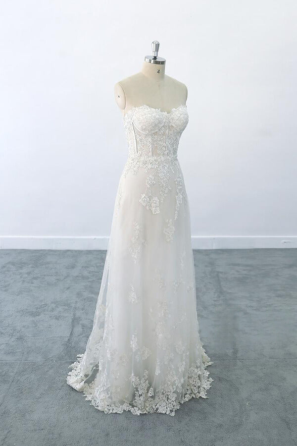 Appliques Strapless Tulle Sheath Wedding Dress On Sale-27dress