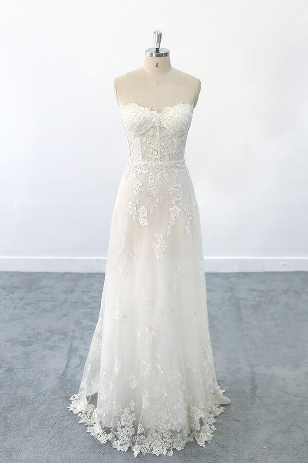 Appliques Strapless Tulle Sheath Wedding Dress On Sale-27dress