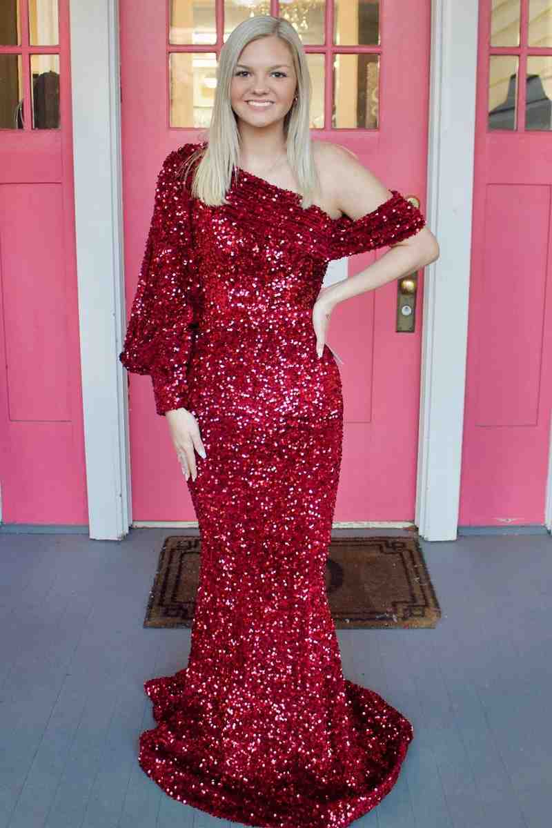 Asymmetrical Shoulder Burgundy Sequined Mermaid Prom Dress