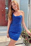 Asymmetrical Straps Blue Sequined Fitted Short Homecoming Dress