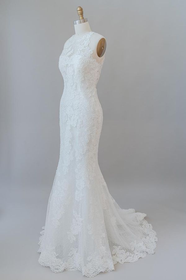 Elegant Mermaid Jewel Lace Tulle Backless Long Sleeveless Wedding Dres ...