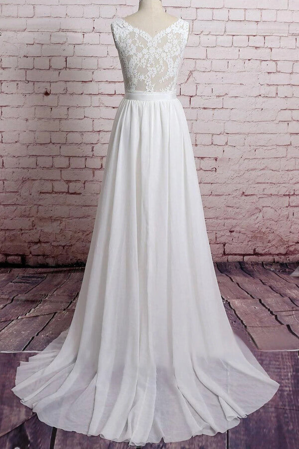 Awesome V-neck Lace Chiffon A-line Wedding Dress Online-27dress