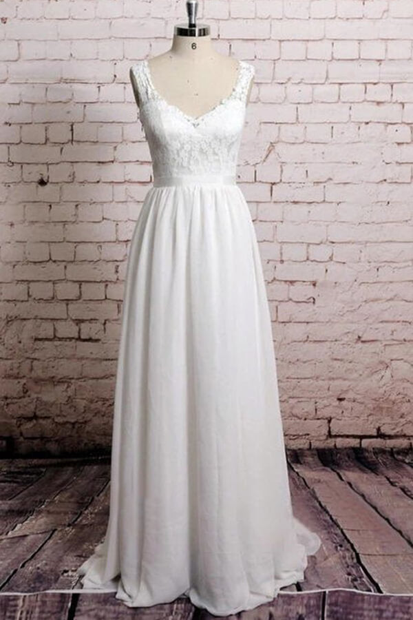 Awesome V-neck Lace Chiffon A-line Wedding Dress Online-27dress