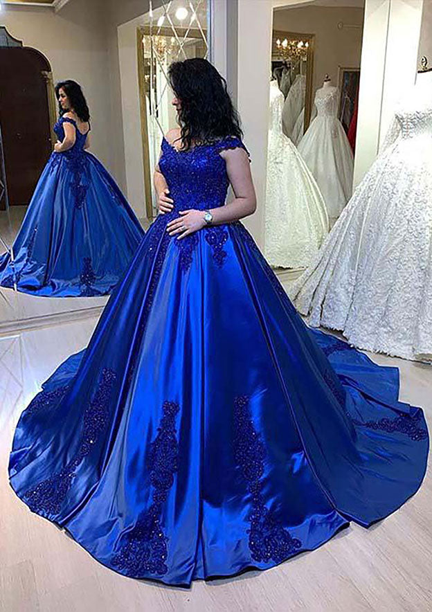 Ball Gown Bateau Cathedral Satin Prom Dress With Appliqued Beading-27dress