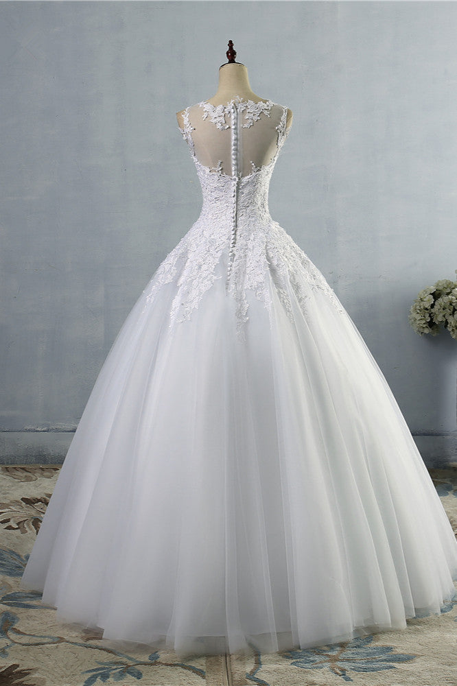 Ball Gown Jewel Tulle Lace Wedding Dress White Appliques Sleeveless Bridal Gowns On Sale-27dress