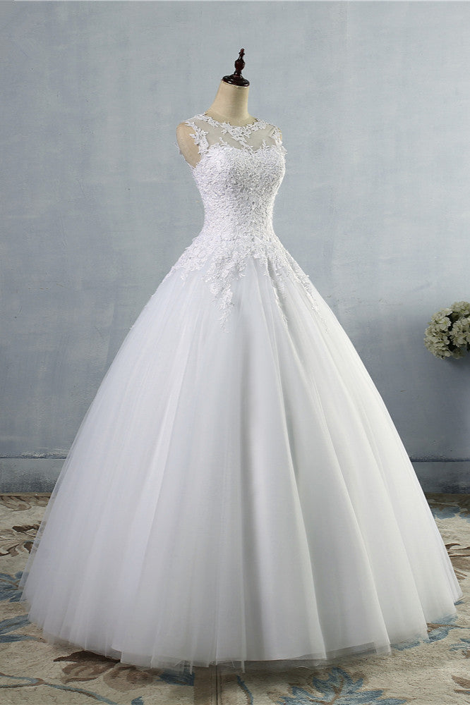 Ball Gown Jewel Tulle Lace Wedding Dress White Appliques Sleeveless Bridal Gowns On Sale-27dress