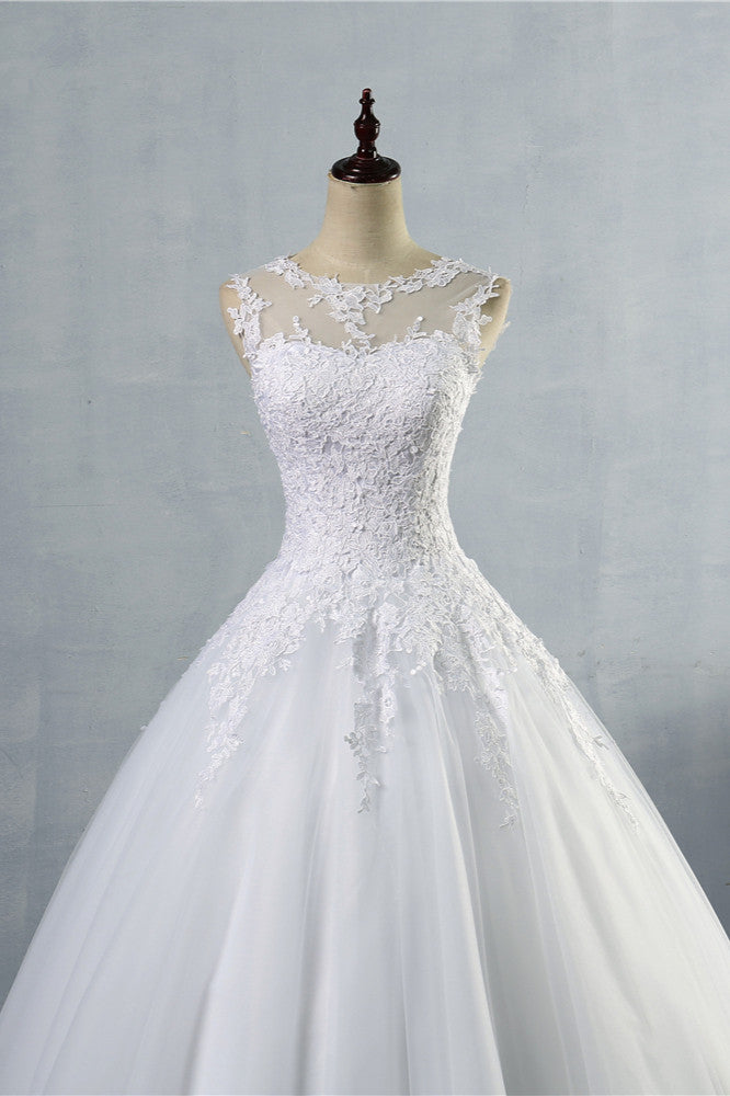 Ball Gown Jewel Tulle Lace Wedding Dress White Appliques Sleeveless Bridal Gowns On Sale-27dress