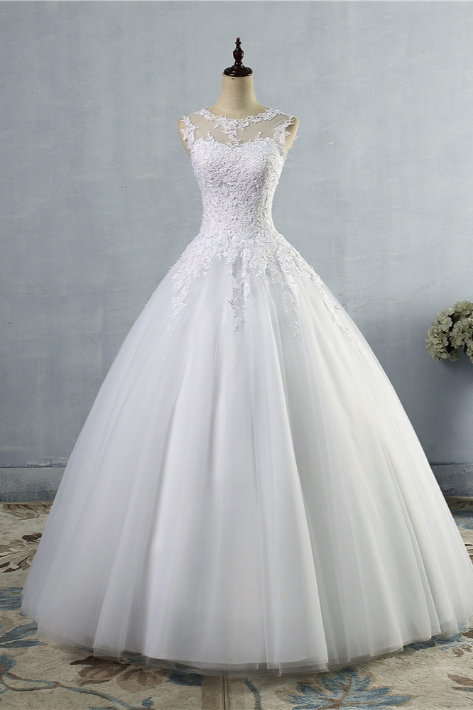 Ball Gown Jewel Tulle Lace Wedding Dress White Appliques Sleeveless Bridal Gowns On Sale-27dress