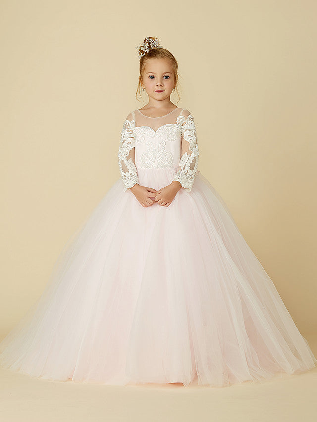 Ball Gown Lace Tulle Wedding Party Pageant Flower Girl Dresses with Sleeves-27dress