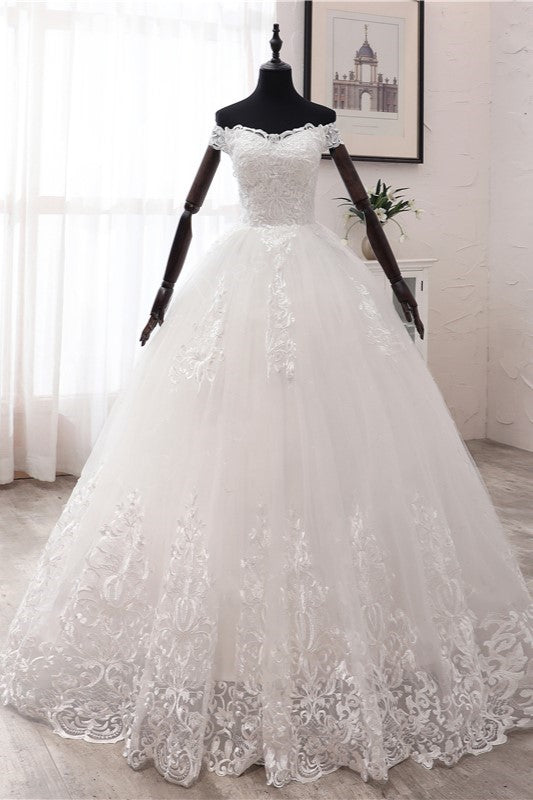 Ball Gown Off-the-Shoulder Lace Appliques Wedding Dresses White Tulle Sleeveless Bridal Gowns-27dress