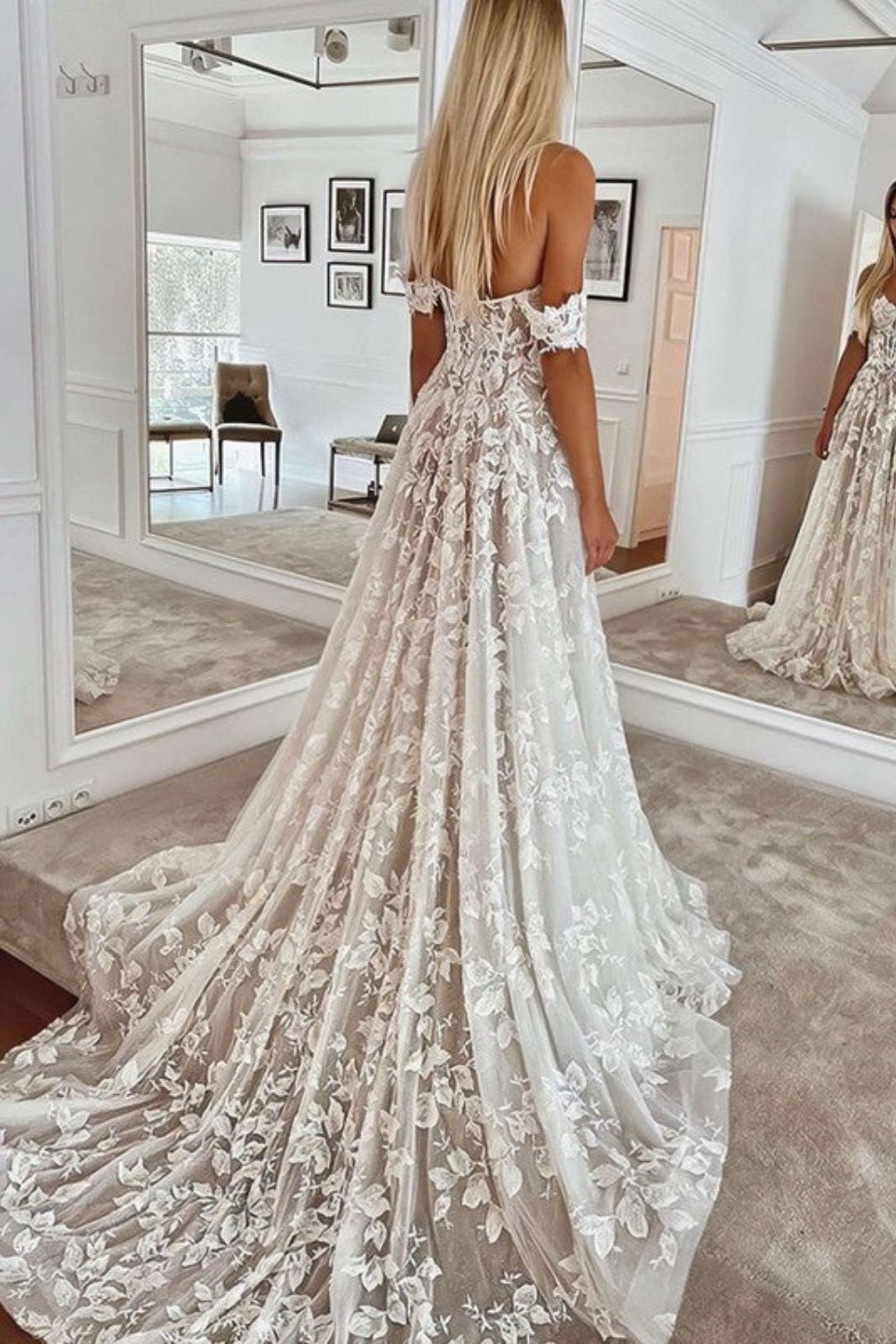 Ball Gown Off-the-Shoulder Lace Sweep Train Wedding Dress with Appliques