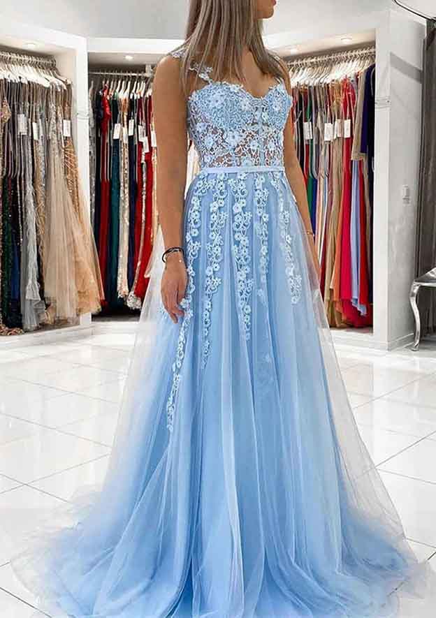 Ball Gown Princess Sweetheart Tulle Prom Dress with Appliqued Lace-27dress