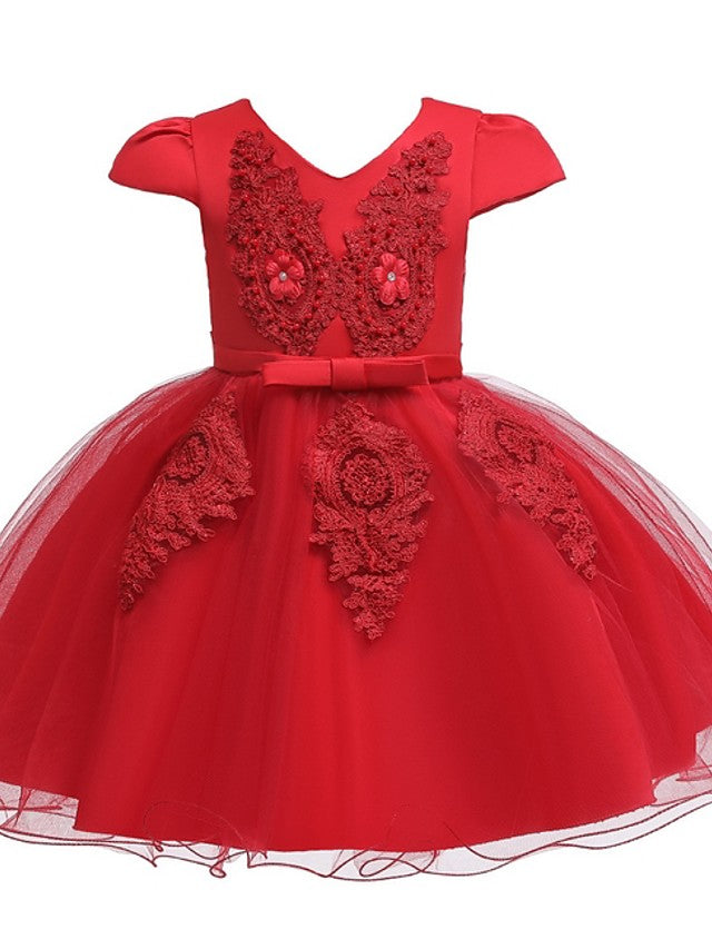 Ball Gown Tulle Short Sleeve V Neck Wedding Party Flower Girl Dresses-27dress