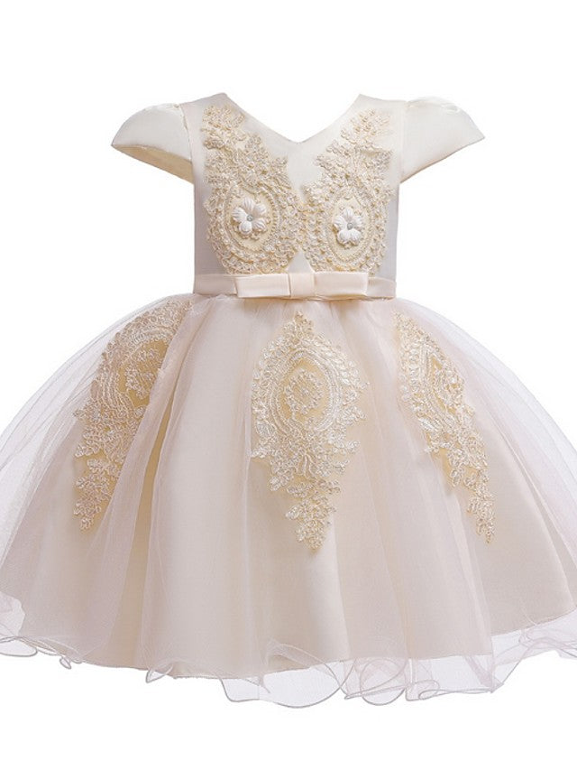 Ball Gown Tulle Short Sleeve V Neck Wedding Party Flower Girl Dresses-27dress