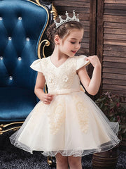 Ball Gown Tulle Short Sleeve V Neck Wedding Party Flower Girl Dresses-27dress