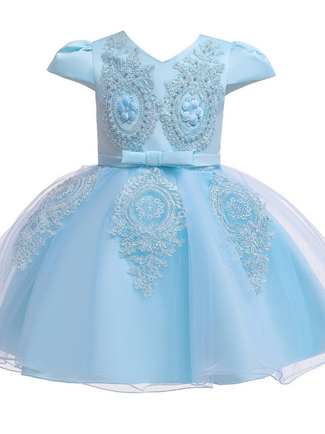 Ball Gown Tulle Short Sleeve V Neck Wedding Party Flower Girl Dresses-27dress