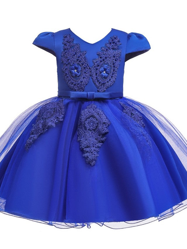 Ball Gown Tulle Short Sleeve V Neck Wedding Party Flower Girl Dresses-27dress