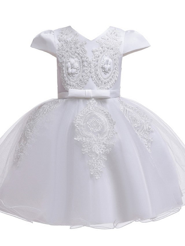 Ball Gown Tulle Short Sleeve V Neck Wedding Party Flower Girl Dresses-27dress