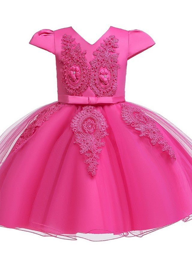 Ball Gown Tulle Short Sleeve V Neck Wedding Party Flower Girl Dresses-27dress