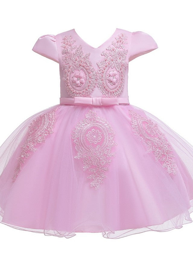 Ball Gown Tulle Short Sleeve V Neck Wedding Party Flower Girl Dresses-27dress