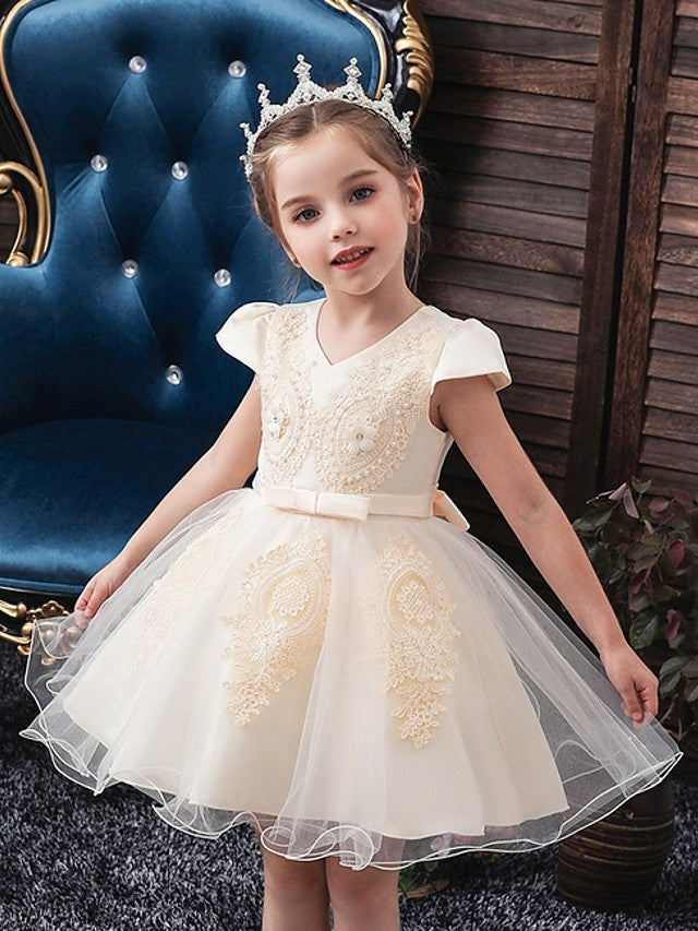 Ball Gown Tulle Short Sleeve V Neck Wedding Party Flower Girl Dresses-27dress