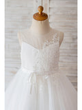 Ball Gown Tulle Sleeveless Jewel Neck Wedding Birthday Flower Girl Dresses-27dress