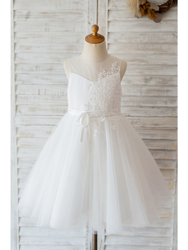 Ball Gown Tulle Sleeveless Jewel Neck Wedding Birthday Flower Girl Dresses-27dress