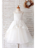 Ball Gown Tulle Sleeveless Jewel Neck Wedding Birthday Flower Girl Dresses-27dress