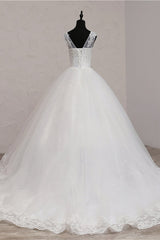 Ball Gown V-Neck White Tulle Wedding Dresses Sleeveless Lace Appliques Bridal Gowns with Beadings-27dress