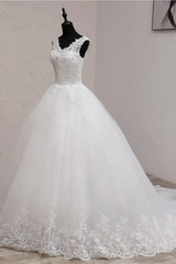 Ball Gown V-Neck White Tulle Wedding Dresses Sleeveless Lace Appliques Bridal Gowns with Beadings-27dress