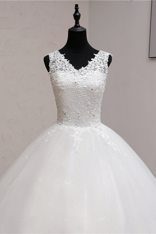 Ball Gown V-Neck White Tulle Wedding Dresses Sleeveless Lace Appliques Bridal Gowns with Beadings-27dress