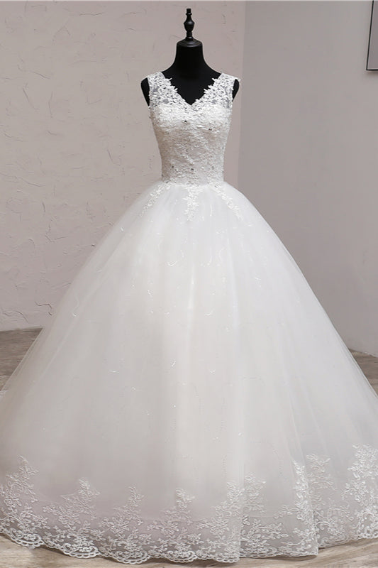 Ball Gown V-Neck White Tulle Wedding Dresses Sleeveless Lace Appliques Bridal Gowns with Beadings-27dress