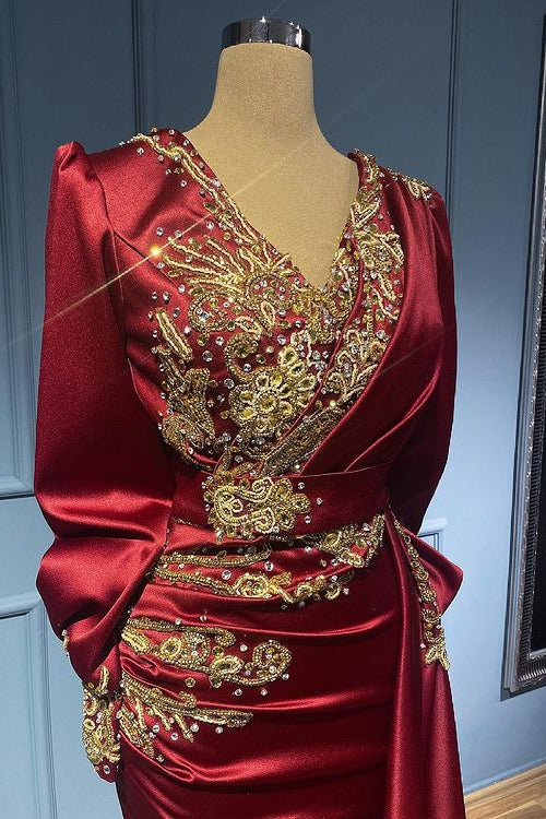 Burgundy Long Sleeve Mermaid Evening Dress with Bead Appliques and Ruffles