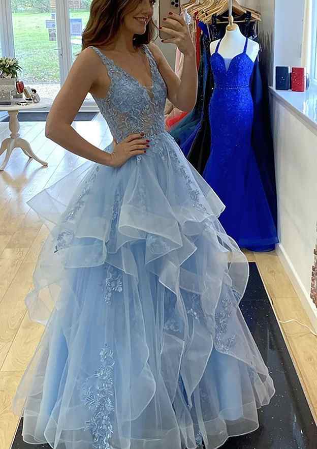 Beaded A-line V Neck Sleeveless Lace Tulle Long Prom Dress-27dress