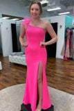 Beaded One-Shoulder Hot Pink Long Formal Dress with Feathers