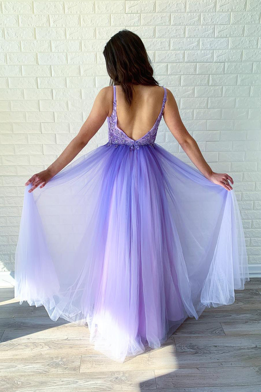 Beaded Open Back purple Long Prom Dress