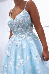 Beaded Straps Floral Appliques Light Blue Long Prom Dress