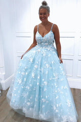 Beaded Straps Floral Appliques Light Blue Long Prom Dress