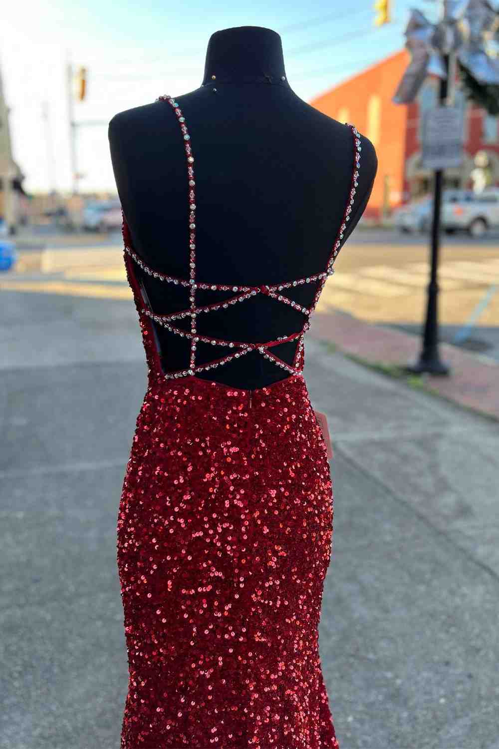 Beaded Straps Red Sequins Mermaid Long Prom Dress