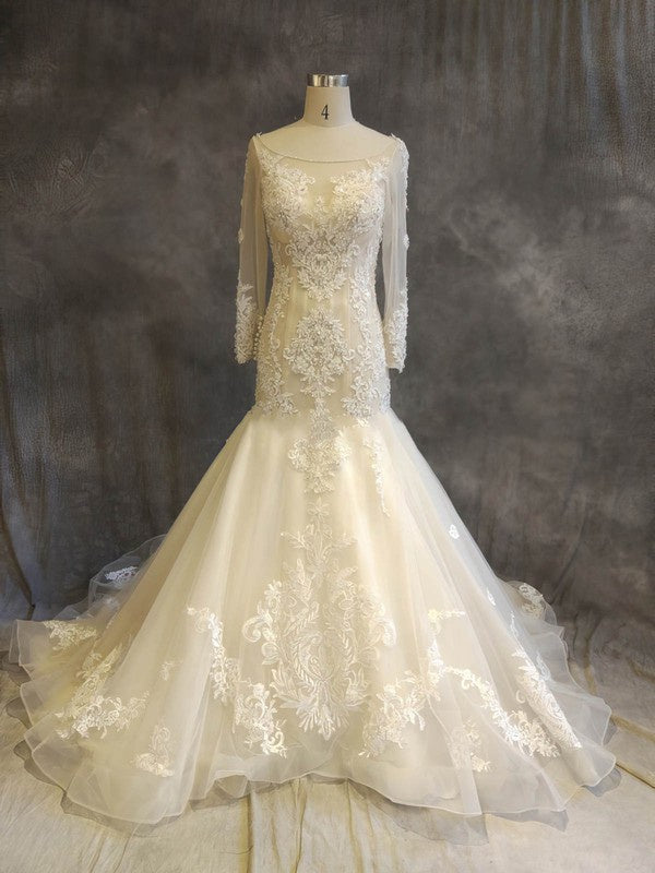 Beaded Trumpet/Mermaid Illusion Organza Chapel Train Wedding Dress