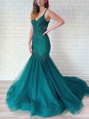 Beaded Tulle Prom Dress with Trumpet/Mermaid V-Neck and Sweep Train