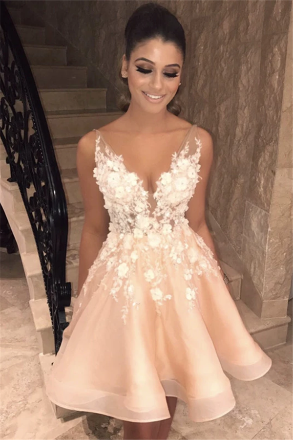 Beautiful A-line V-neck Lace Short Prom Dress-27Dress