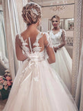 Beautiful Ball Gown Illusion Tulle Sweep Train Wedding Dresses with Appliques Lace