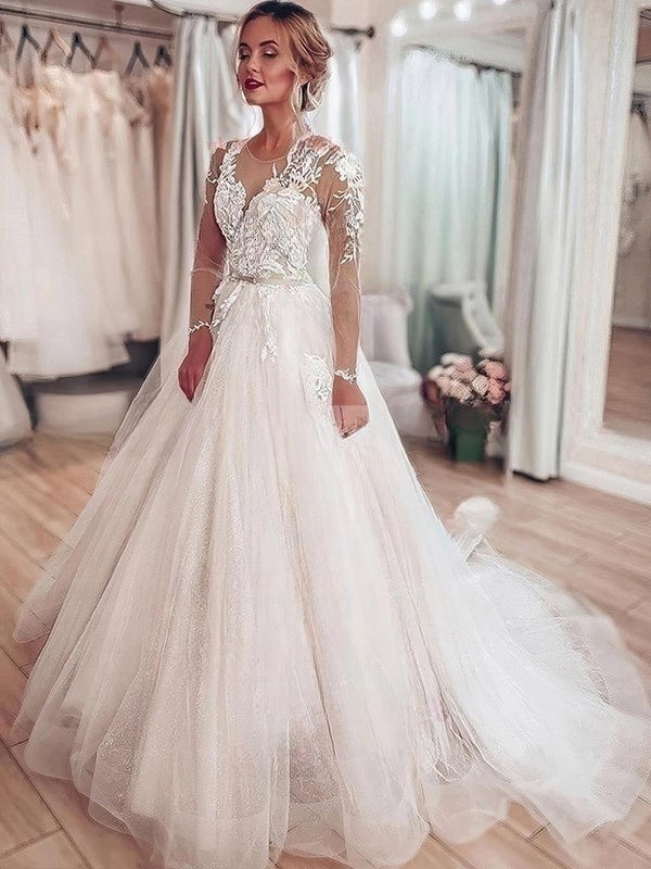 Beautiful Ball Gown Illusion Tulle Sweep Train Wedding Dresses with Appliques Lace