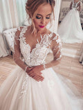 Beautiful Ball Gown Illusion Tulle Sweep Train Wedding Dresses with Appliques Lace