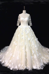 Beautiful Ivory Lace Sweep Train Wedding Dresses Half Sleeves Appliques Bridal Gowns On Sale-27dress