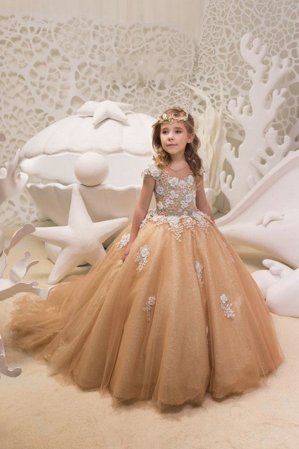 Beautiful Long A-line Bateau Appliques Lace Sequins Tulle Train Flower Girl Dress-27dress